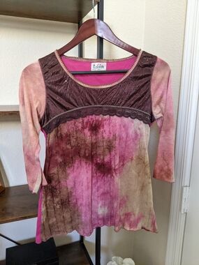 Edista Scoop Neck Top 3/4 Sleeve Small Pink & Brown Vintage Y2K Pullover